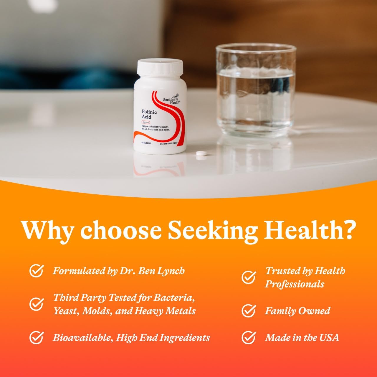 Seeking Health Folinic Acid - Methyl Free - Folinic Acid Supplement Supports Heart Health - Metabolically Active Alternative to Folate - 1360 mcg, 60 Lozenges