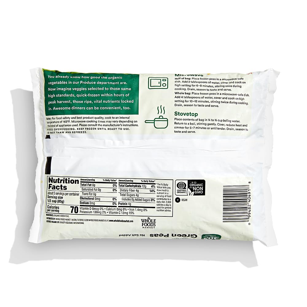 365 by Whole Foods Market, Organic Green Peas No Salt Added, 16 Ounce, (Frozen)