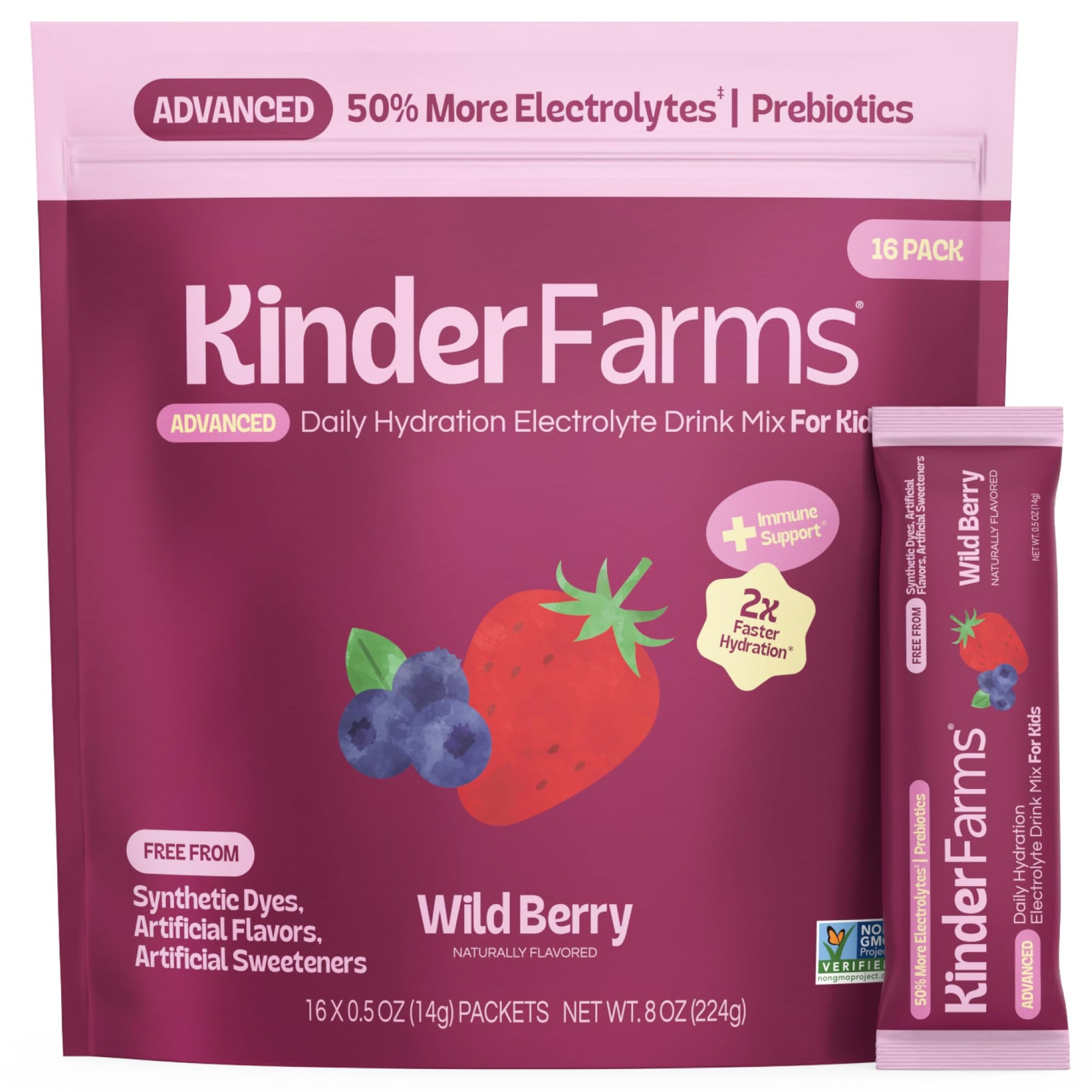 KinderFarms Advanced Electrolyte Powder for Kids and Adults - Drink Mix Hydration Packets (Lemon Lime, 16 Count), with PreMax Prebiotics, No Artificial Sweeteners or Flavors, No Synthetic Dyes