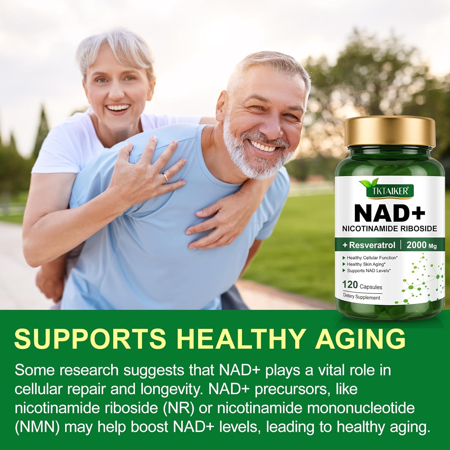 TKTALKER NAD Supplement 2000 Mg - 120 Capsules True NAD & Resveratrol, NMN Alternative Liposomal NAD+ for Women & Men, Support Cellular Health, Stamina & Healthy Aging - Ultra Strength Capsules