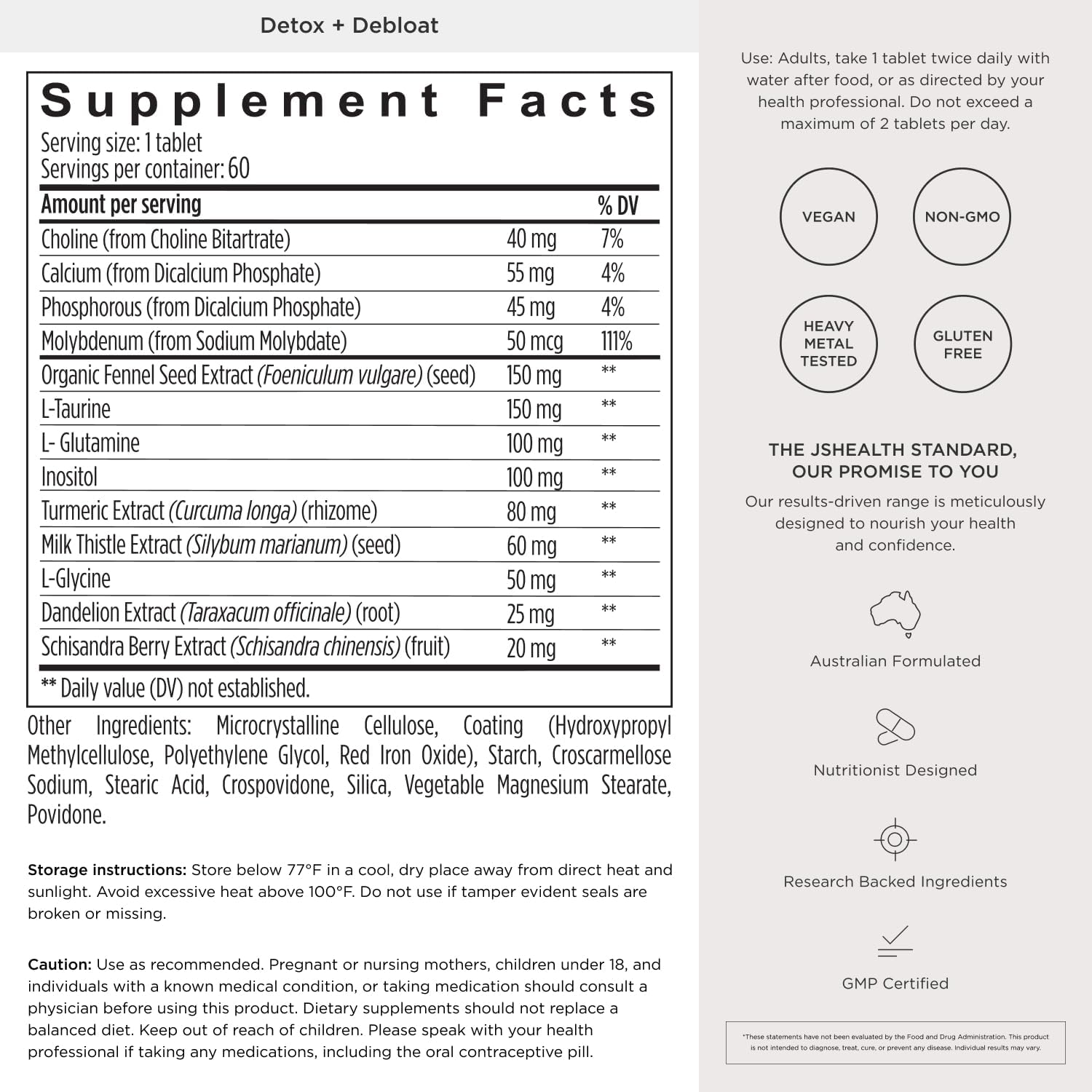 JSHealth Detox + Debloat. Bloating Relief for Women with Milk Thistle, Turmeric, and Fennel. Liver Health and Gut Support. Nutritionist-Formulated (60 Tablets)