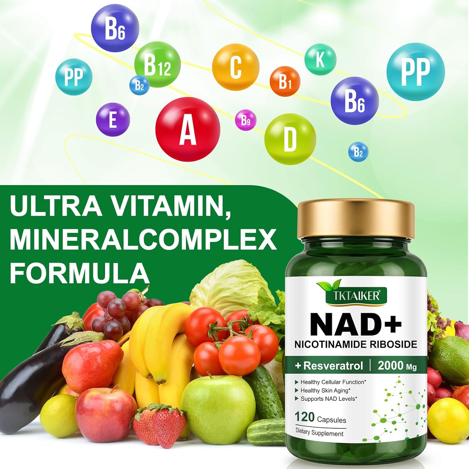 TKTALKER NAD Supplement 2000 Mg - 120 Capsules True NAD & Resveratrol, NMN Alternative Liposomal NAD+ for Women & Men, Support Cellular Health, Stamina & Healthy Aging - Ultra Strength Capsules
