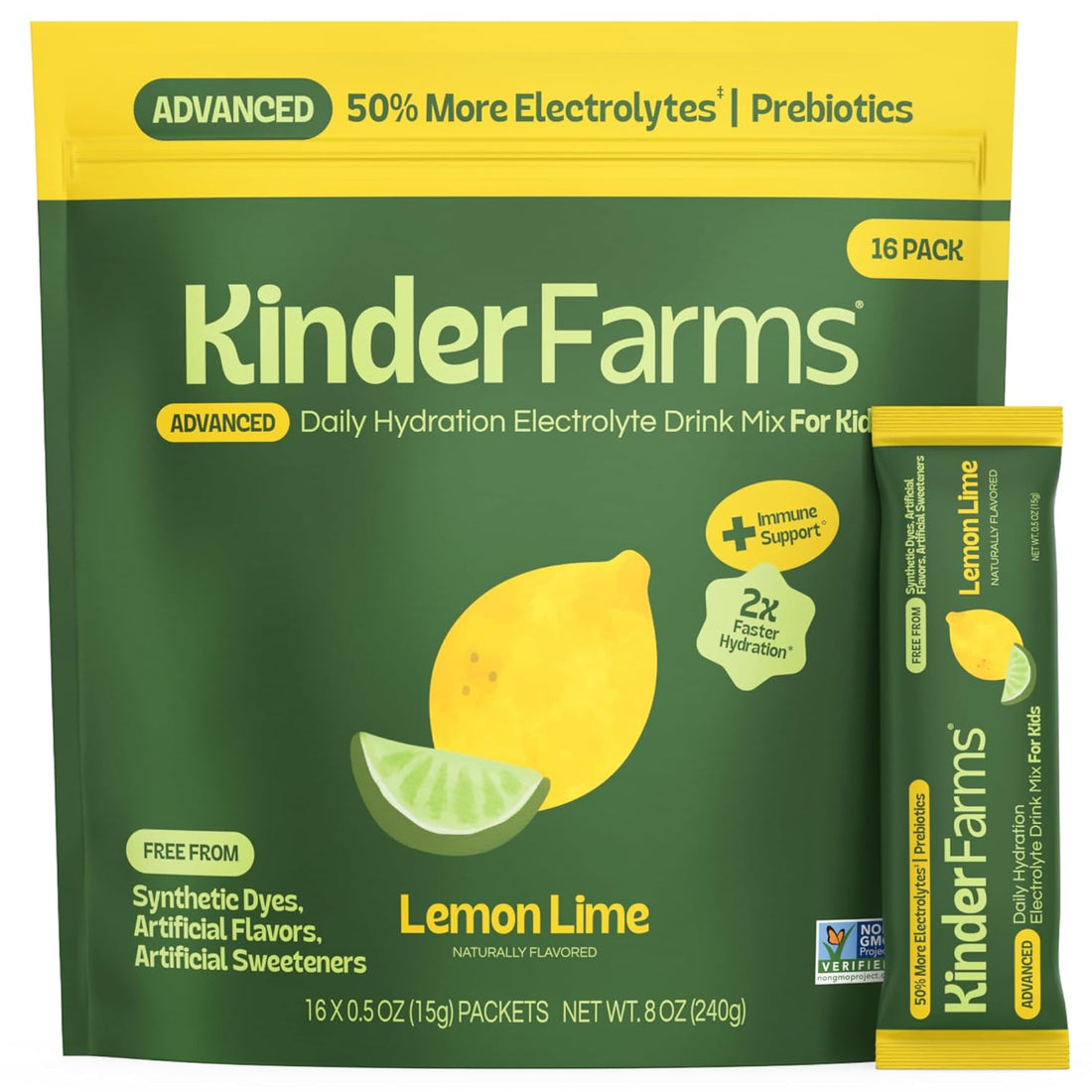 KinderFarms Advanced Electrolyte Powder for Kids and Adults - Drink Mix Hydration Packets (Lemon Lime, 16 Count), with PreMax Prebiotics, No Artificial Sweeteners or Flavors, No Synthetic Dyes