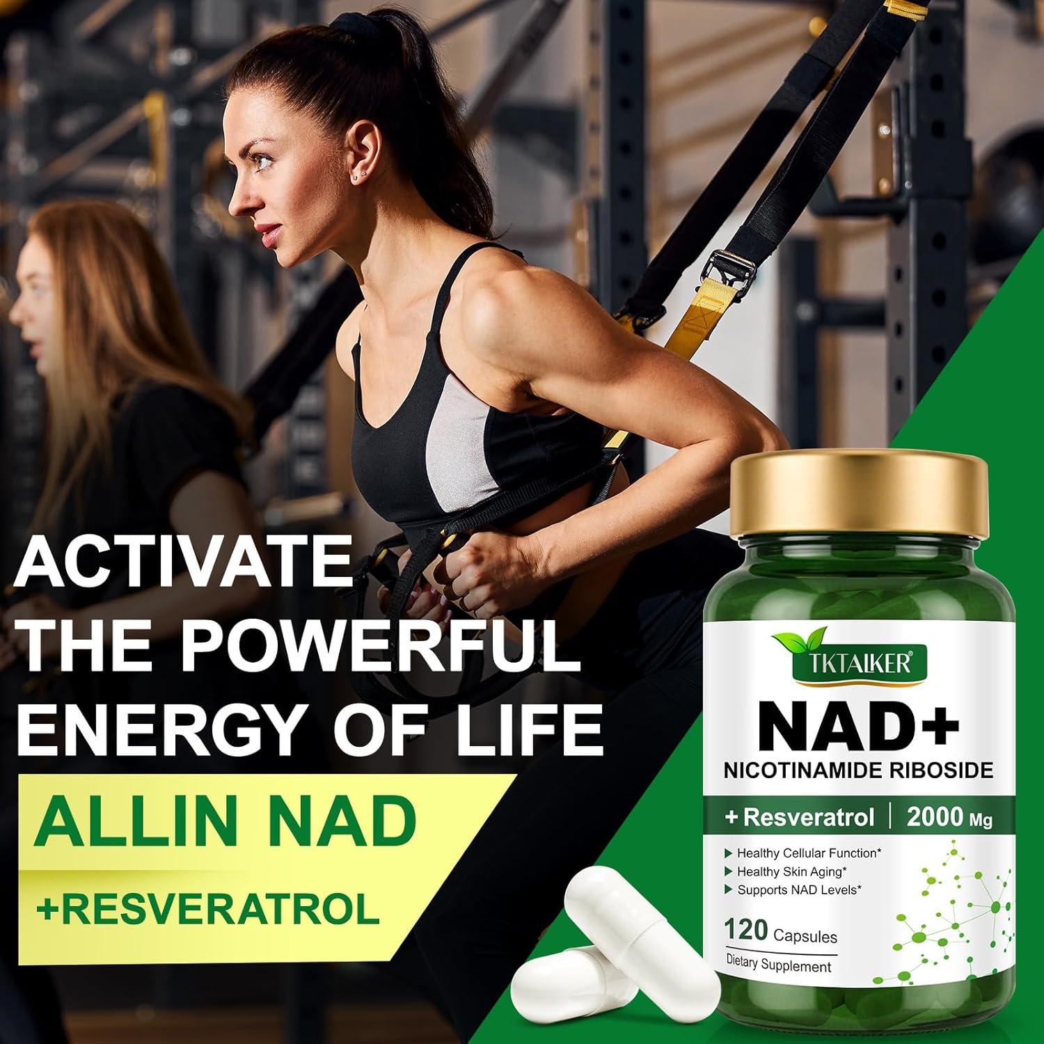 TKTALKER NAD Supplement 2000 Mg - 120 Capsules True NAD & Resveratrol, NMN Alternative Liposomal NAD+ for Women & Men, Support Cellular Health, Stamina & Healthy Aging - Ultra Strength Capsules