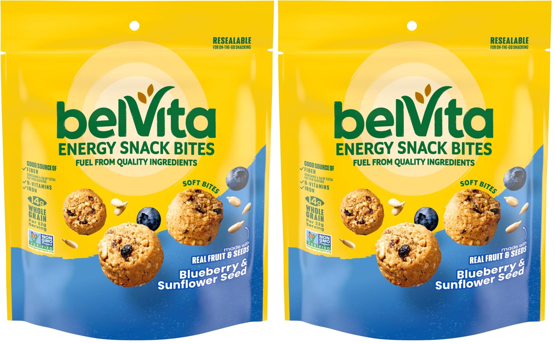 belVita Energy Snack Bites Variety Pack, Banana Dark Chocolate & Sunflower Seed, Blueberry & Sunflower Seed, 15 Snack Packs