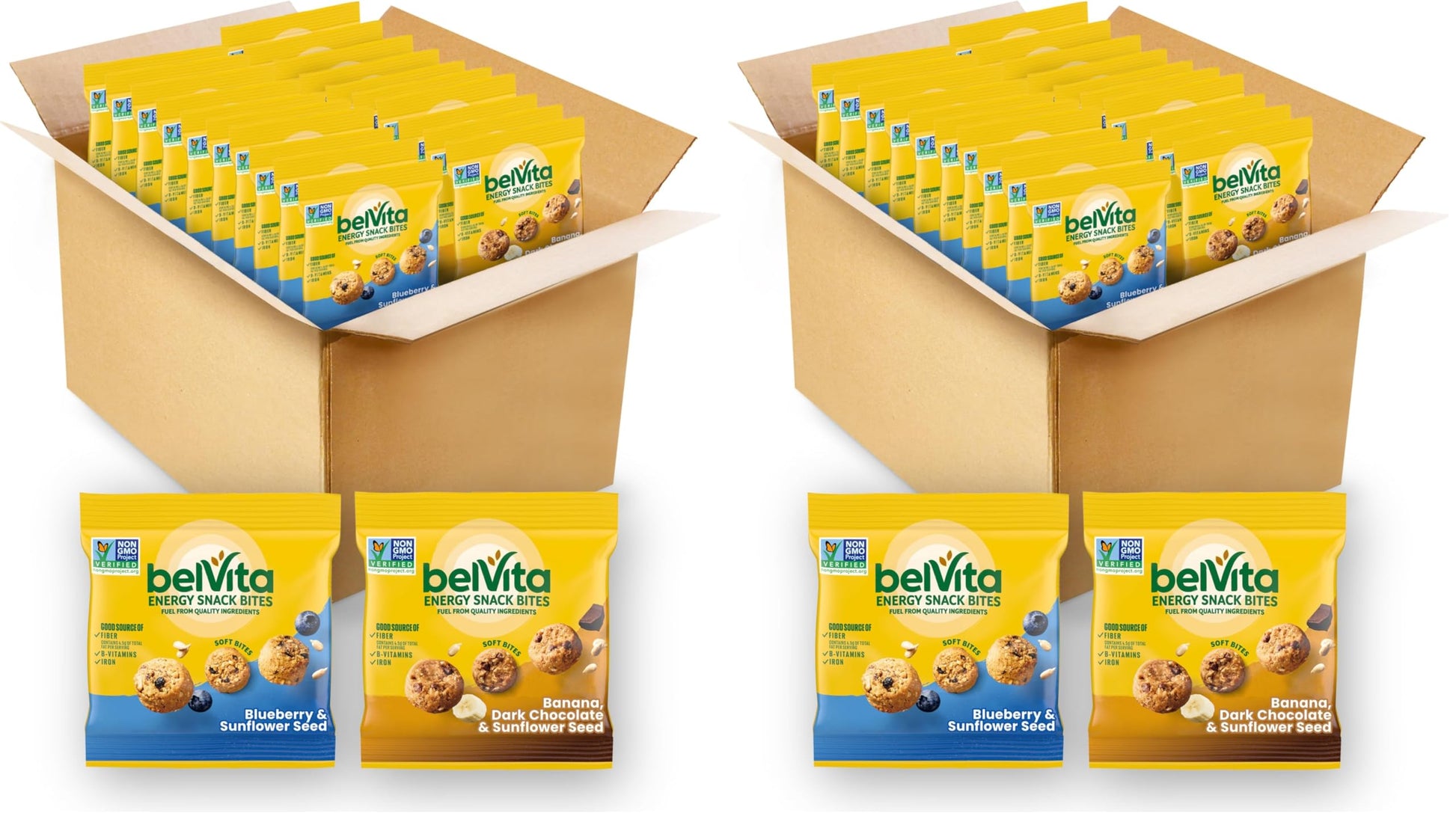 belVita Energy Snack Bites Variety Pack, Banana Dark Chocolate & Sunflower Seed, Blueberry & Sunflower Seed, 15 Snack Packs