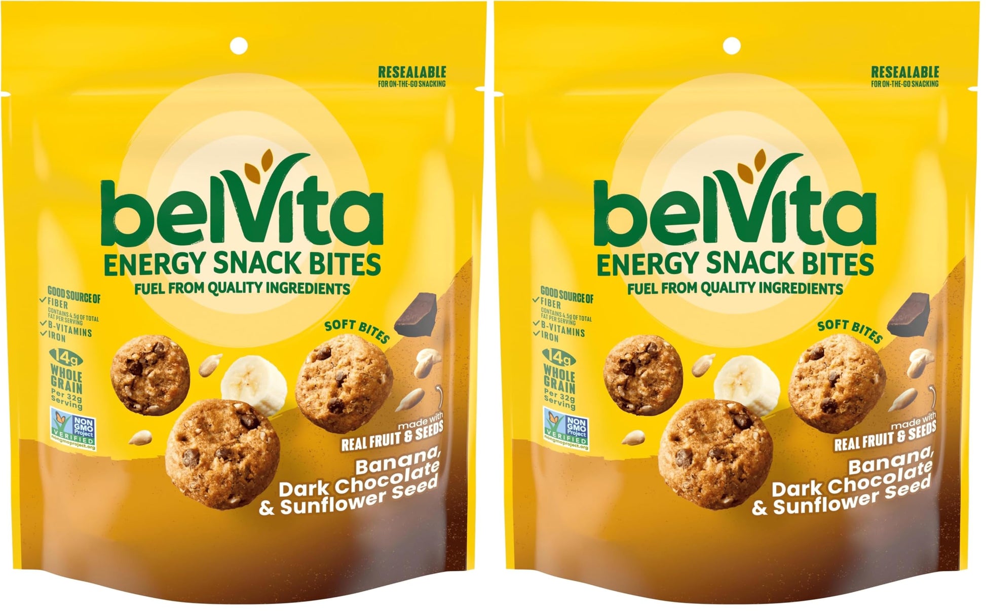 belVita Energy Snack Bites Variety Pack, Banana Dark Chocolate & Sunflower Seed, Blueberry & Sunflower Seed, 15 Snack Packs