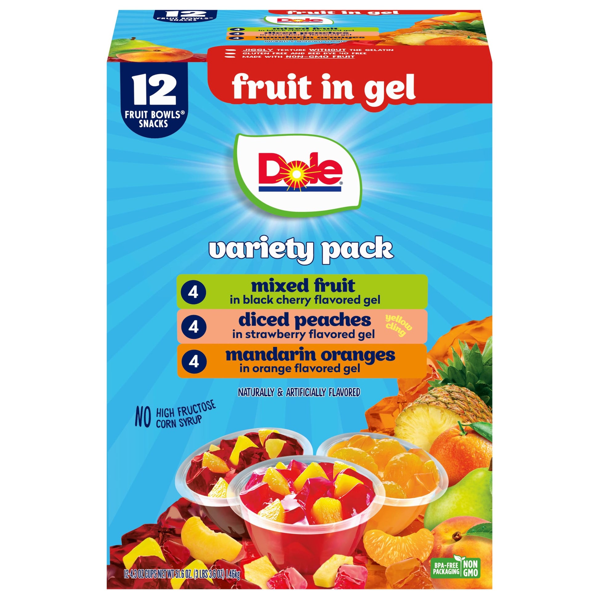 Dole Diced Peaches, Mandarin Oranges, and Cherry Mixed Fruit with No Sugar Added Variety Pack - Dole Fruit Bowls Snacks - 4 oz Bowls - 12 Pack