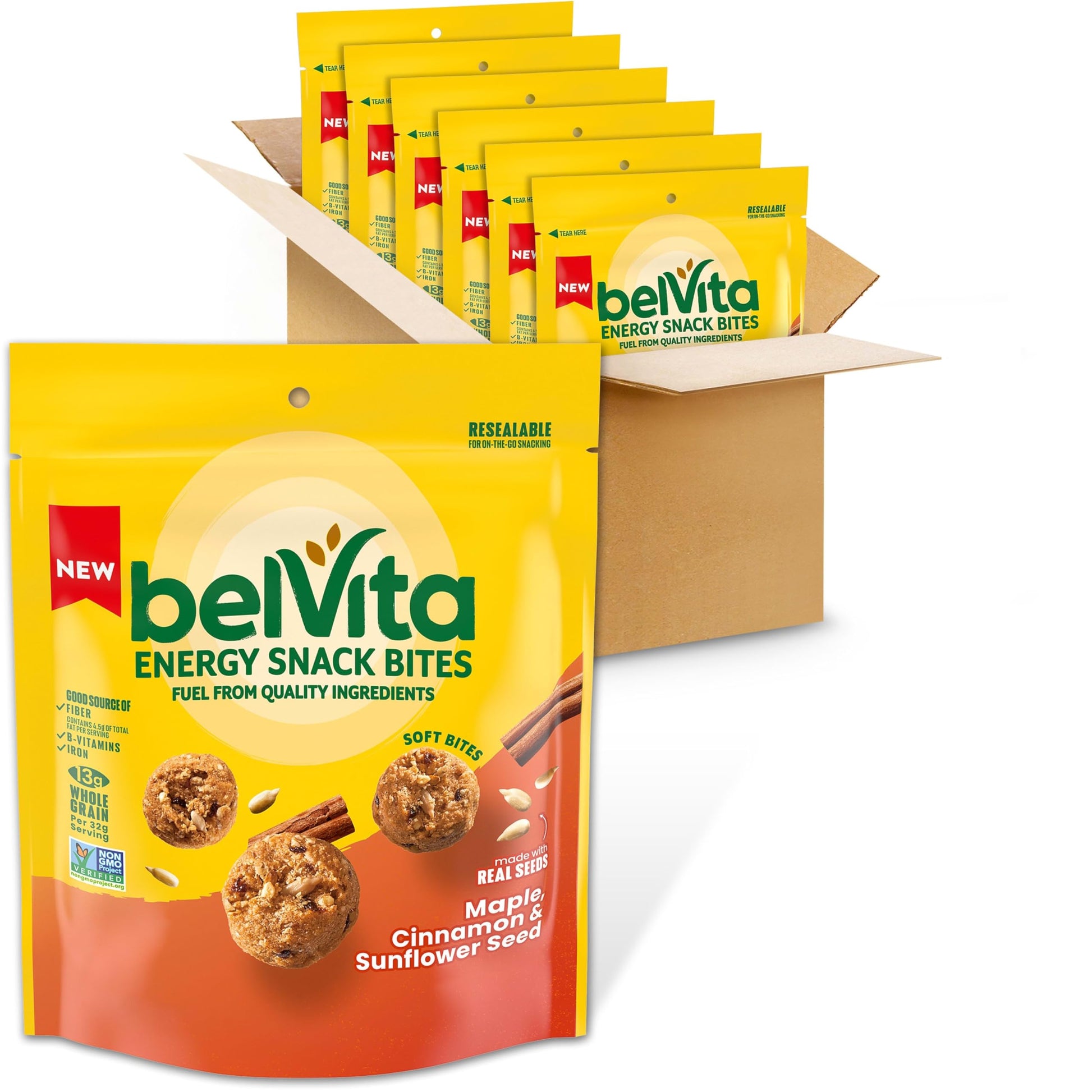 belVita Energy Snack Bites Variety Pack, Banana Dark Chocolate & Sunflower Seed, Blueberry & Sunflower Seed, 15 Snack Packs