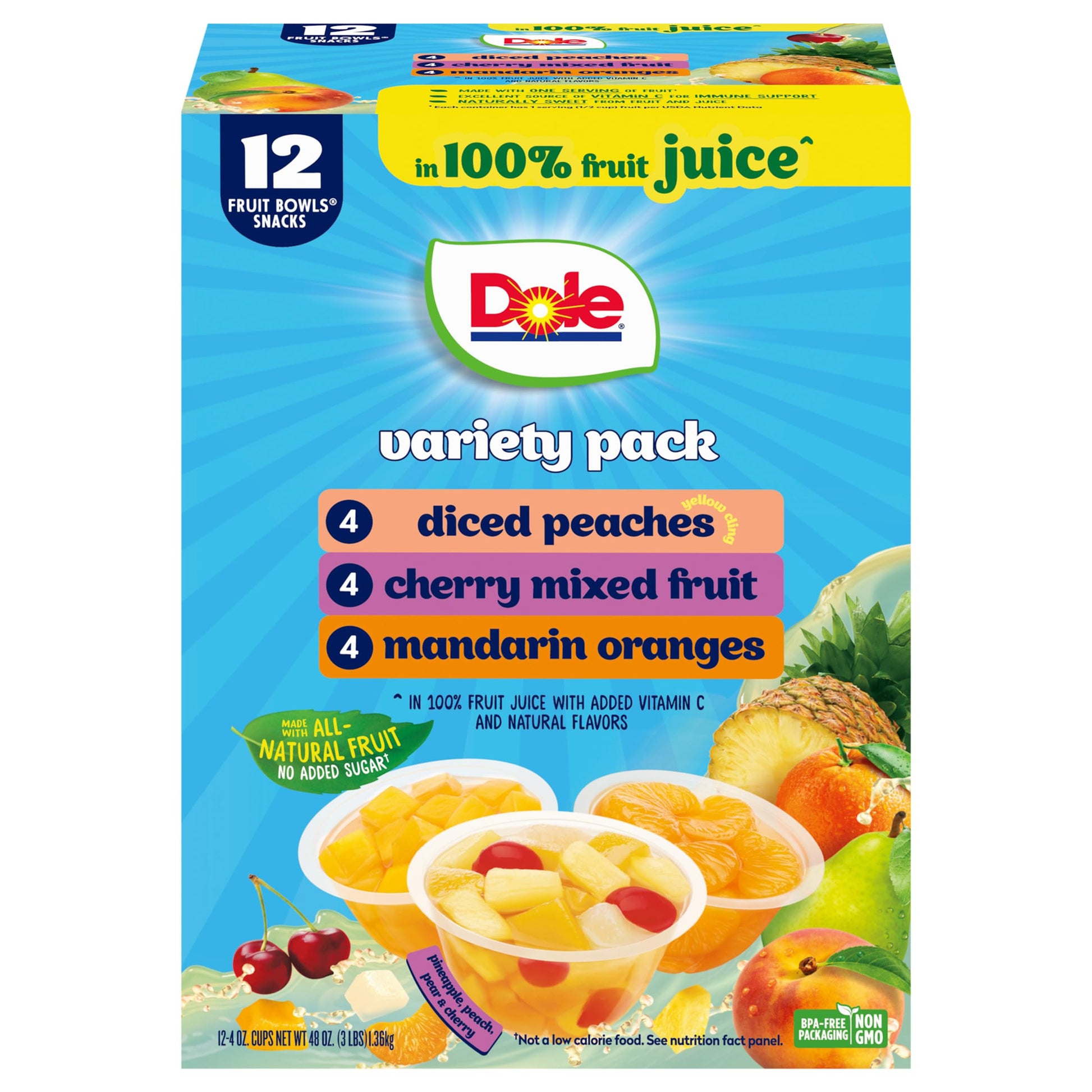 Dole Diced Peaches, Mandarin Oranges, and Cherry Mixed Fruit with No Sugar Added Variety Pack - Dole Fruit Bowls Snacks - 4 oz Bowls - 12 Pack