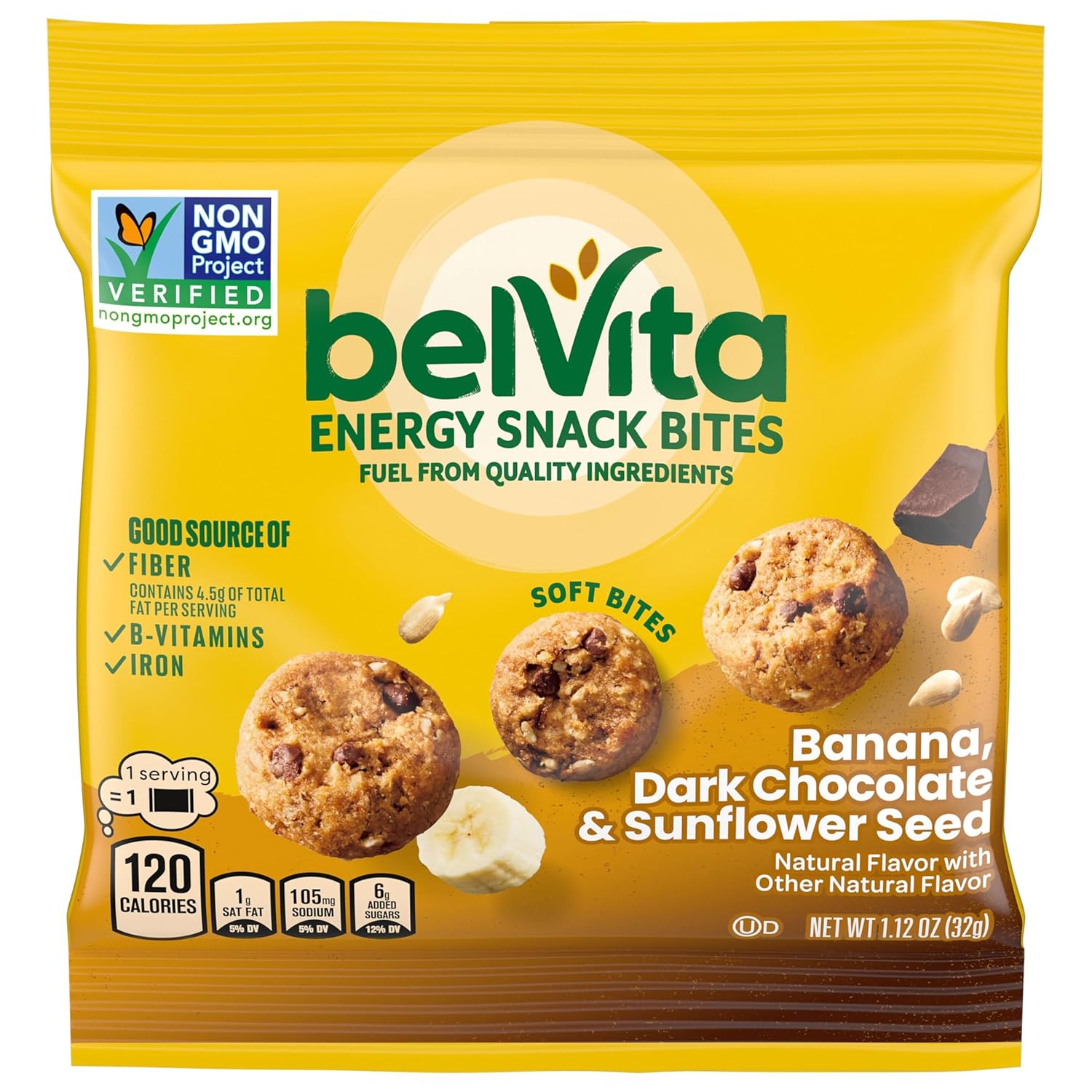 belVita Energy Snack Bites Variety Pack, Banana Dark Chocolate & Sunflower Seed, Blueberry & Sunflower Seed, 15 Snack Packs